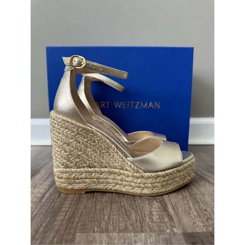 STUART WEITZMAN Nudistcurve Metallic Espadrille Wedge Sandals - Picture 8 of 12